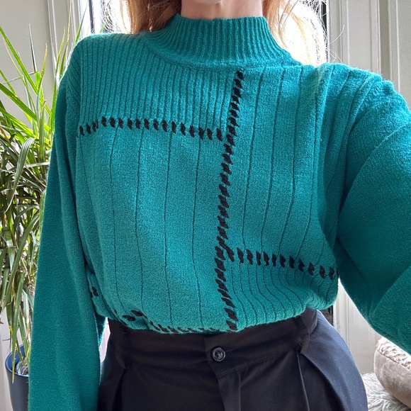 Allison Daley Sweaters - Allison Daley Teal Sweater with Black Stitching Design